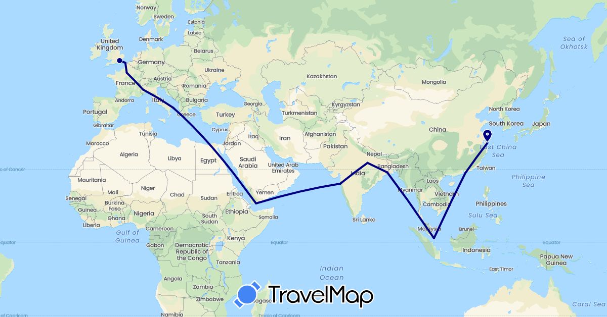 TravelMap itinerary: driving in China, France, United Kingdom, India, Italy, Singapore, Yemen (Asia, Europe)